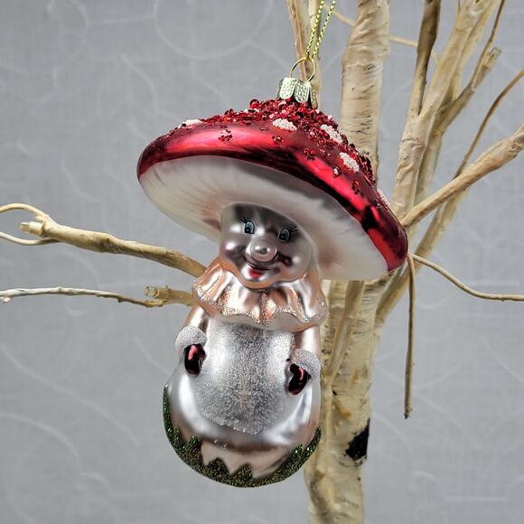 Vtg Mushroom Ornament 5" Red Cap Hand Painted Glittered Mercury Glass Christmas - Picture 9 of 11